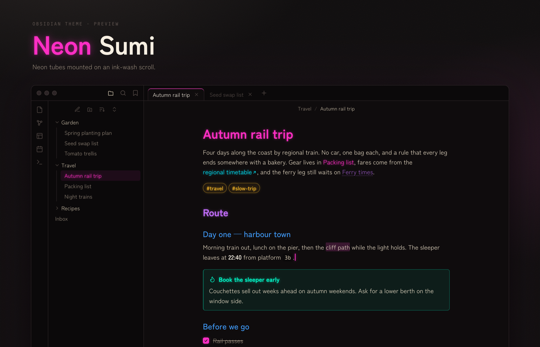 The Obsidian theme: neon headings and links on an ink-black note