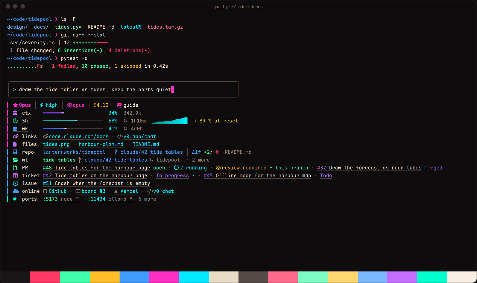 A terminal in the Neon Sumi palette, with the sixteen colours along the bottom